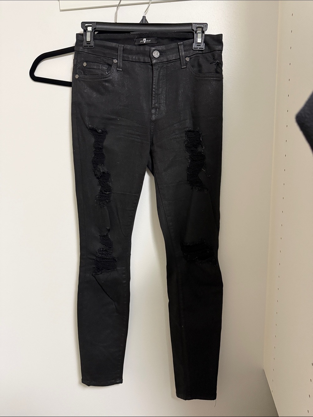 7 For All Mankind Black Waxed Distressed Women's Skinny Jeans